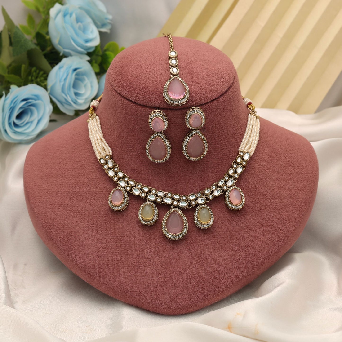 Premium Pista Green & Pink Color Kundan Necklace Set Bridal Collection