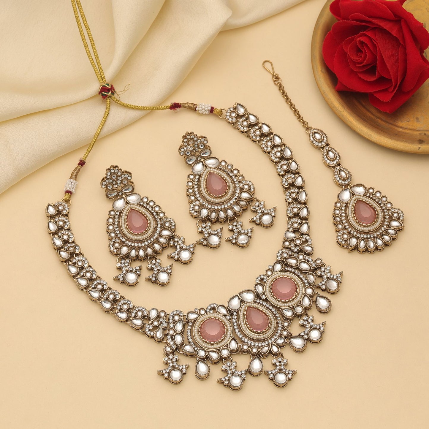 Premium Light Pink Color Kundan Necklace Set For Bridal Party Wear