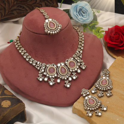 Premium Light Pink Color Kundan Necklace Set For Bridal Party Wear