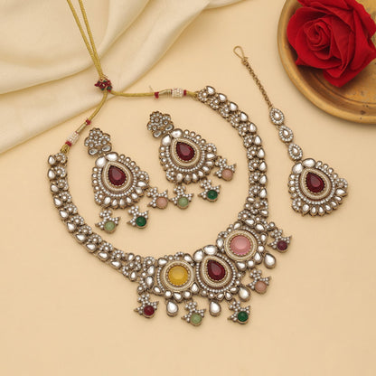 Elegant Multi Color Kundan Necklace Set With Festive Traditional Artwork Design