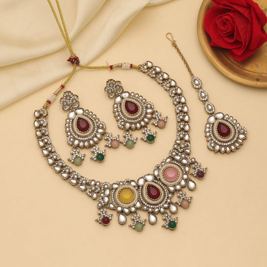 Elegant Multi Color Kundan Necklace Set With Festive Traditional Artwork Design