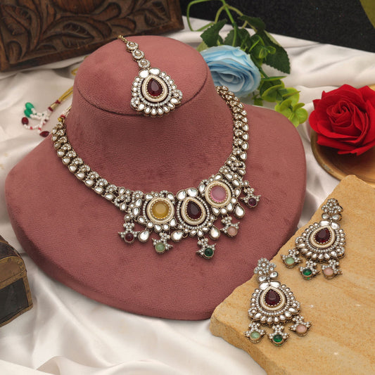 Elegant Multi Color Kundan Necklace Set With Festive Traditional Artwork Design