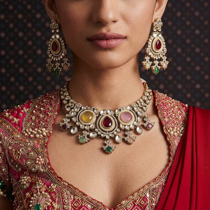 Elegant Multi Color Kundan Necklace Set With Festive Traditional Artwork Design