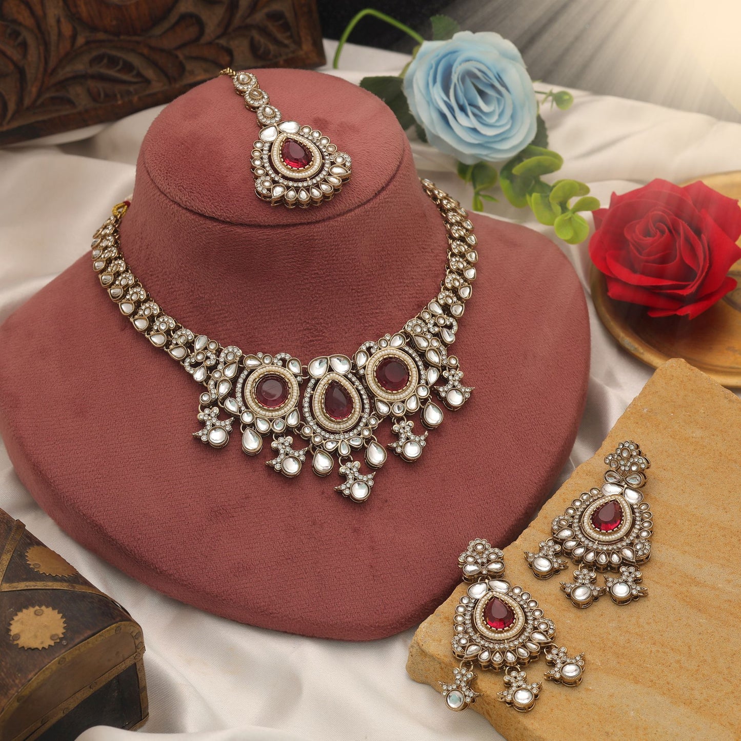 Stylish Magenta Color Kundan Necklace Set With Traditional Elegant Bridal Finish