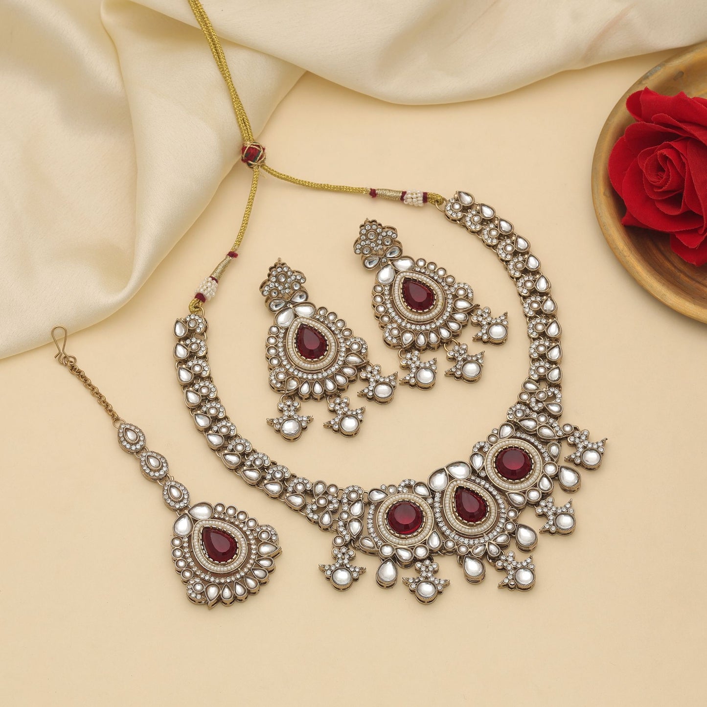 Graceful Maroon Color Kundan Necklace Set For Women Ethnic Party Collection