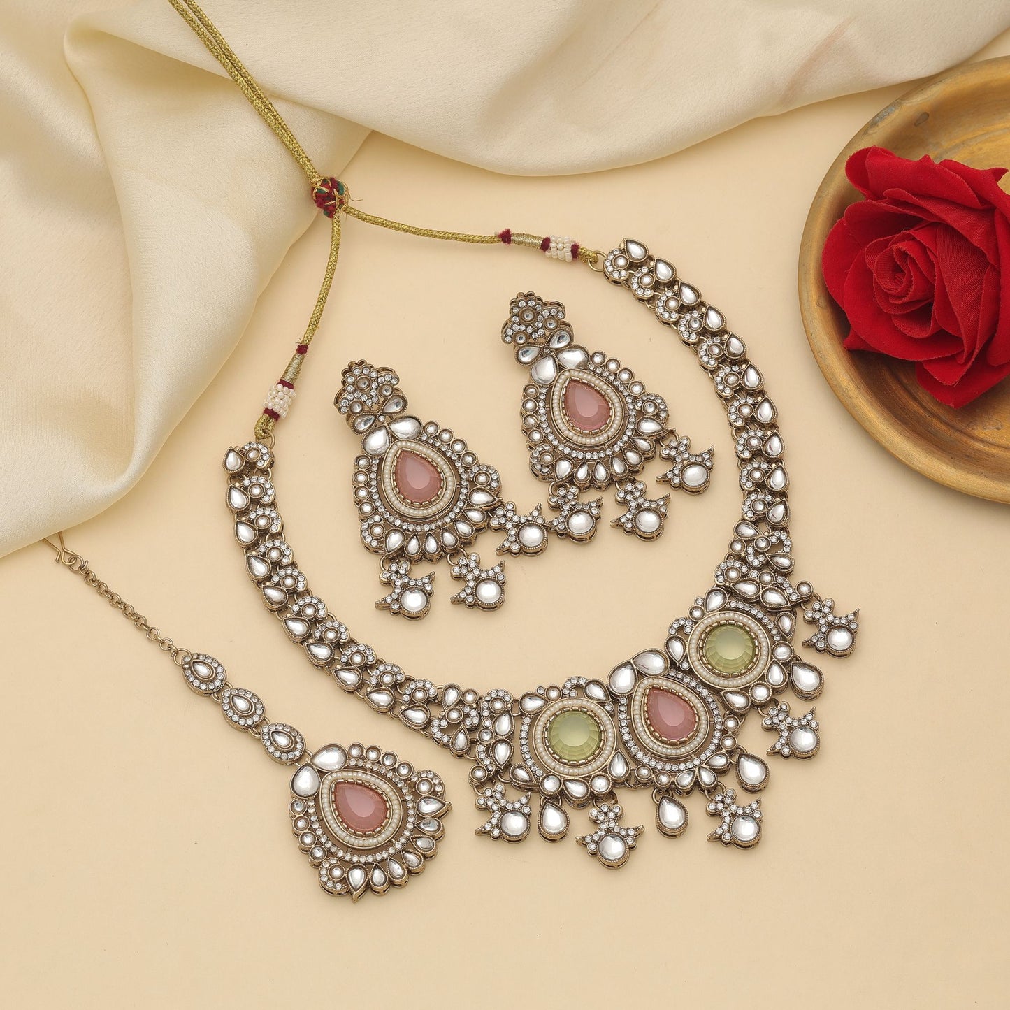 Designer Pista Green & Pink Color Kundan Necklace Set For Women