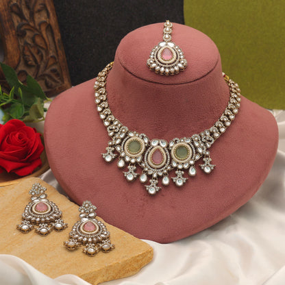 Designer Pista Green & Pink Color Kundan Necklace Set For Women
