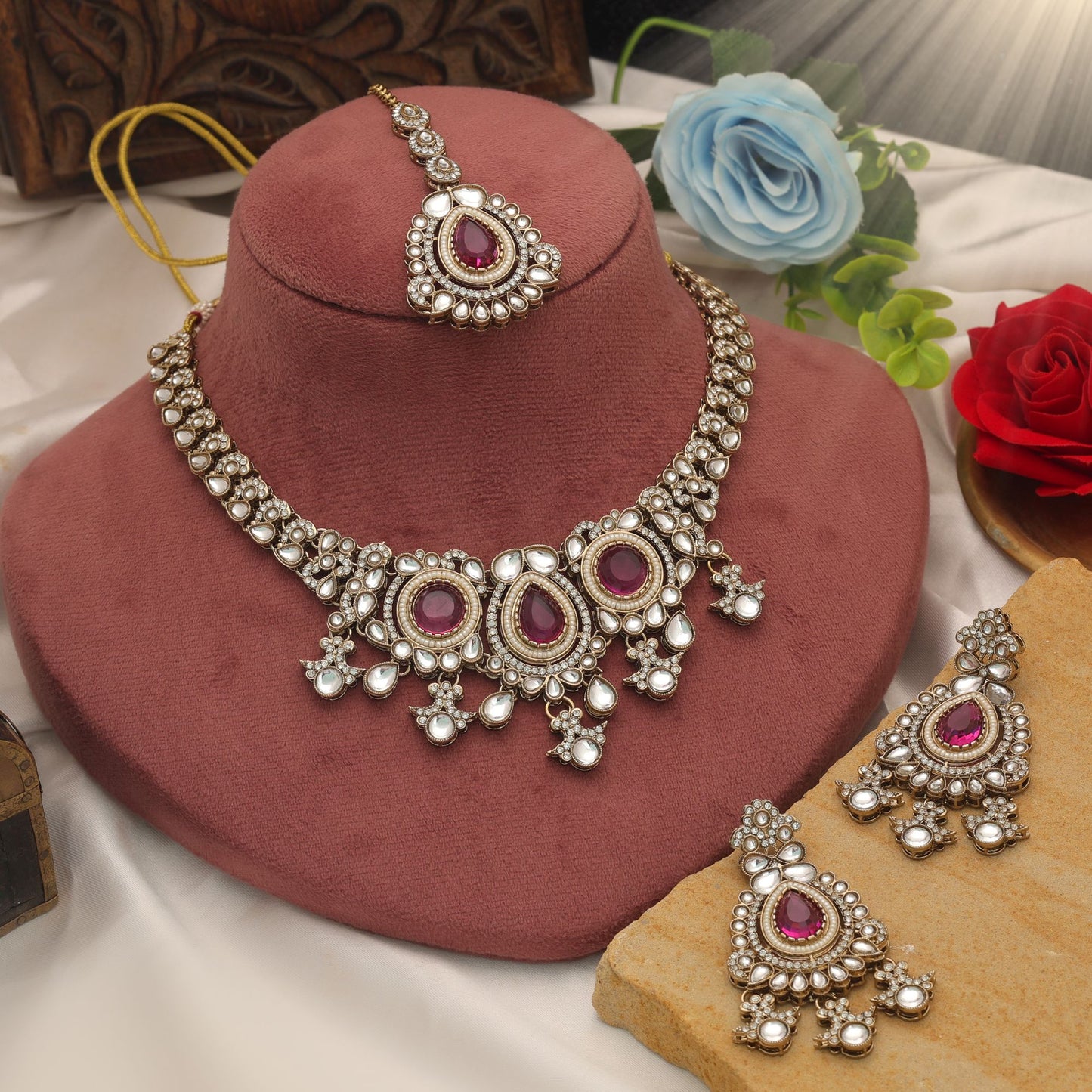 Royal Rani Color Kundan Necklace Set With Traditional Wedding Collection Design