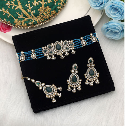 Premium Firozi Color Choker Kundan Necklace Set For Women Ethnic Collection