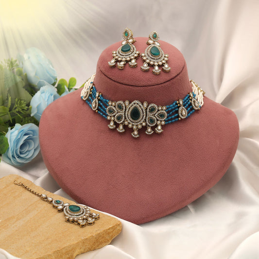 Premium Firozi Color Choker Kundan Necklace Set For Women Ethnic Collection