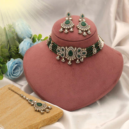 Elegant Green Color Choker Kundan Necklace Set With Festive Bridal Finish