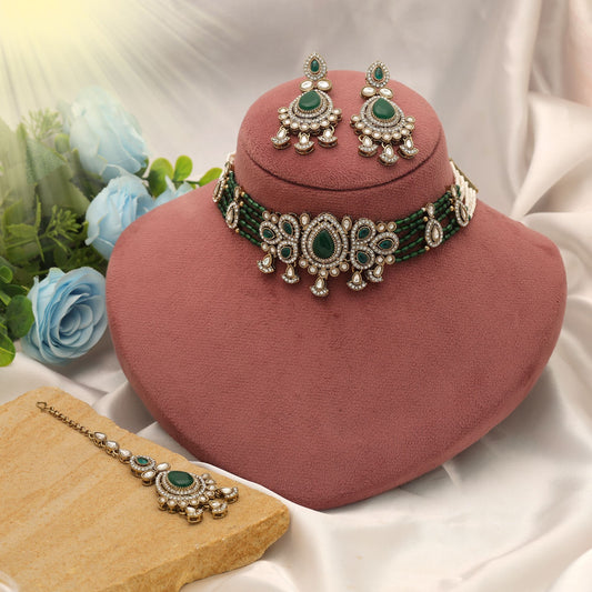 Elegant Green Color Choker Kundan Necklace Set With Festive Bridal Finish