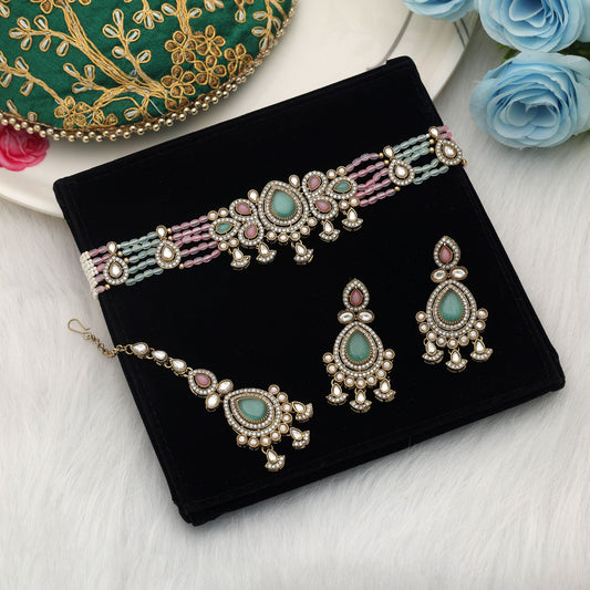 Stylish Light Green & Pink Color Choker Kundan Necklace Set Collection