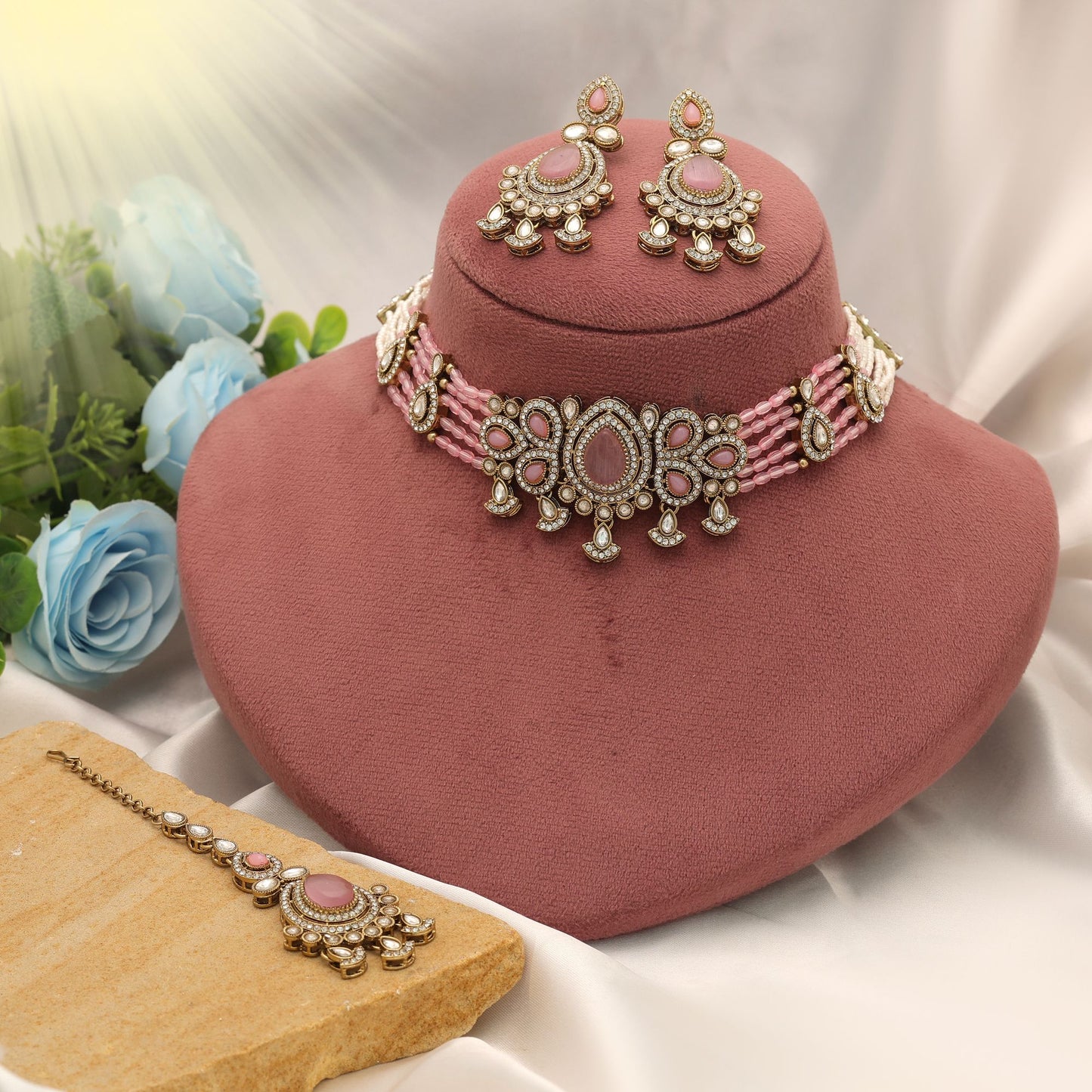 Charming Light Pink Color Choker Kundan Necklace Set For Bridal Wear