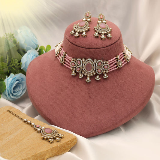 Charming Light Pink Color Choker Kundan Necklace Set For Bridal Wear