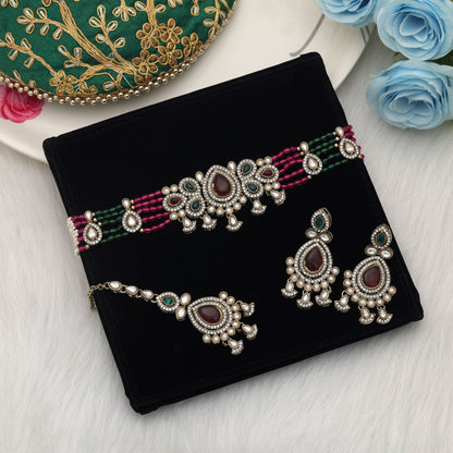 Designer Multi Color Choker Kundan Necklace Set With Elegant Ethnic Artwork