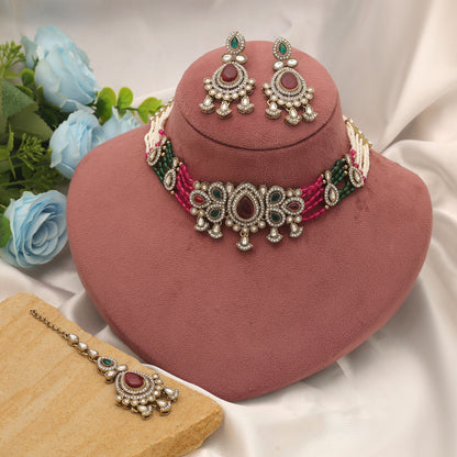 Designer Multi Color Choker Kundan Necklace Set With Elegant Ethnic Artwork
