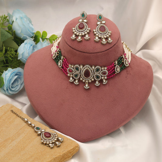 Designer Multi Color Choker Kundan Necklace Set With Elegant Ethnic Artwork