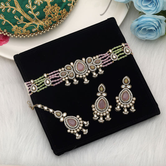 Graceful Pista Green & Pink Color Choker Kundan Necklace Set For Women