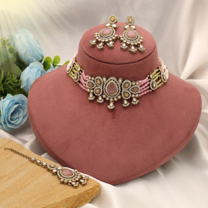 Graceful Pista Green & Pink Color Choker Kundan Necklace Set For Women