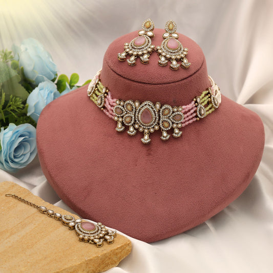 Graceful Pista Green & Pink Color Choker Kundan Necklace Set For Women