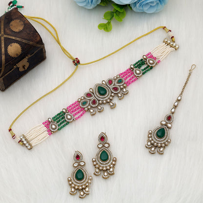 Premium Rani & Green Color Choker Kundan Necklace Set With Royal Finish