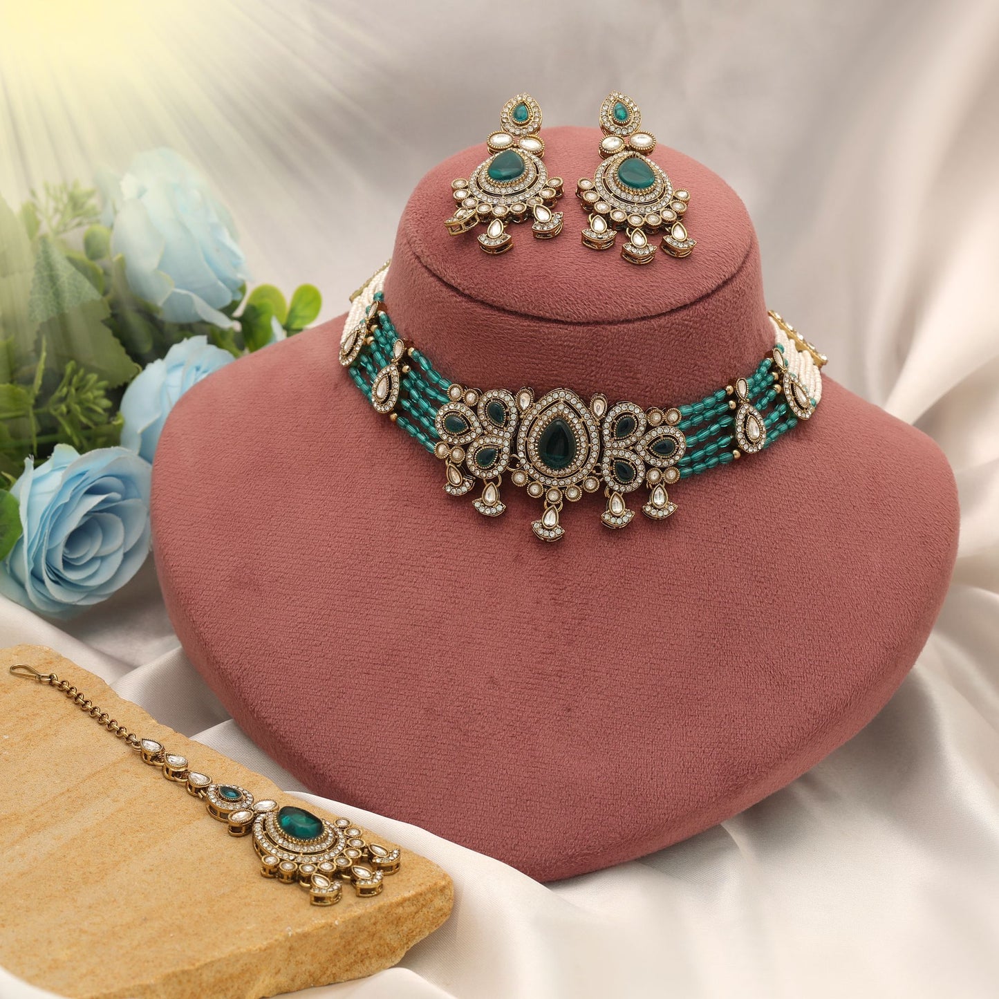 Stylish Rama Green Color Choker Kundan Necklace Set With Traditional Touch