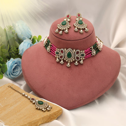 Premium Rani & Green Color Choker Kundan Necklace Set With Royal Finish