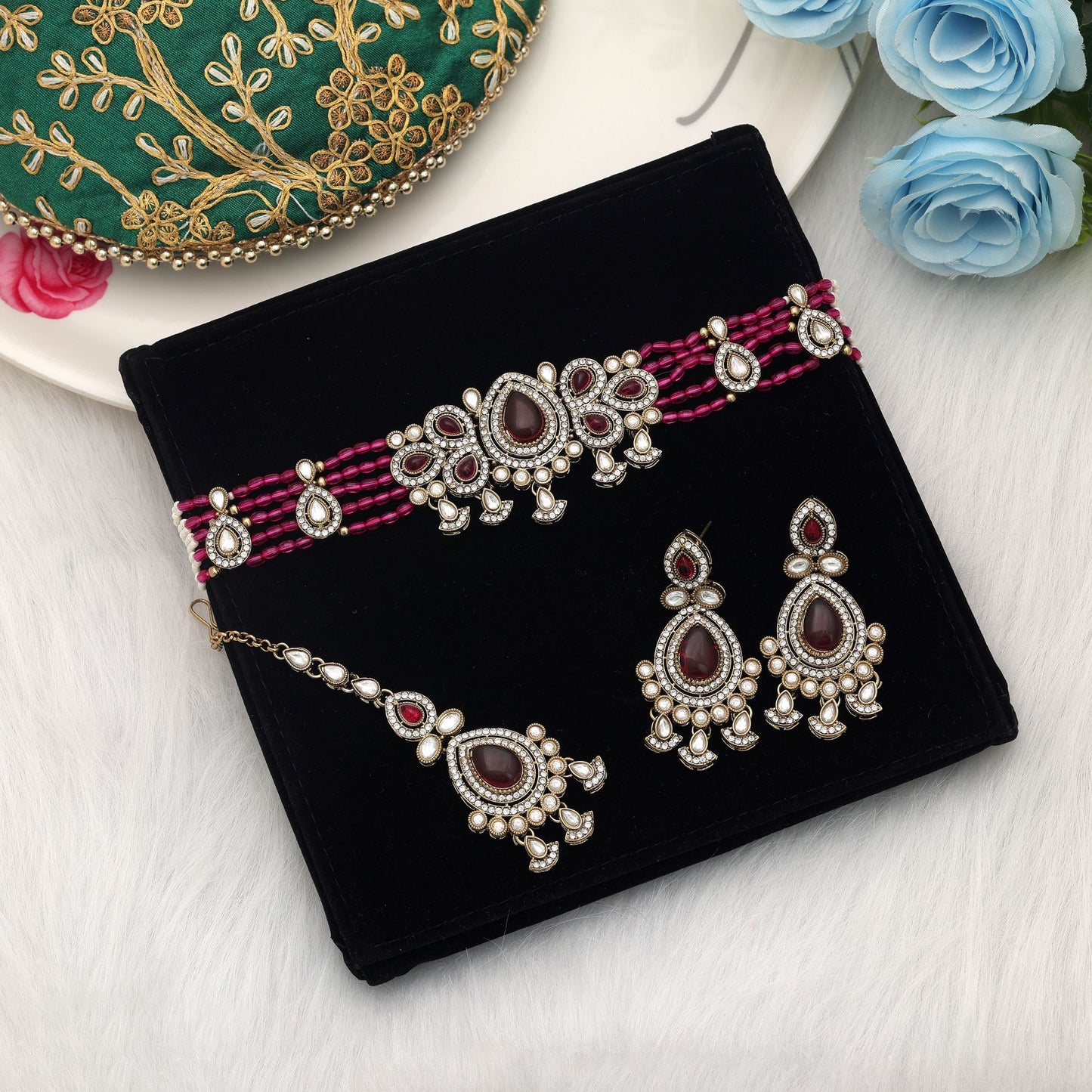 Designer Rani Color Choker Kundan Necklace Set For Wedding Party Collection