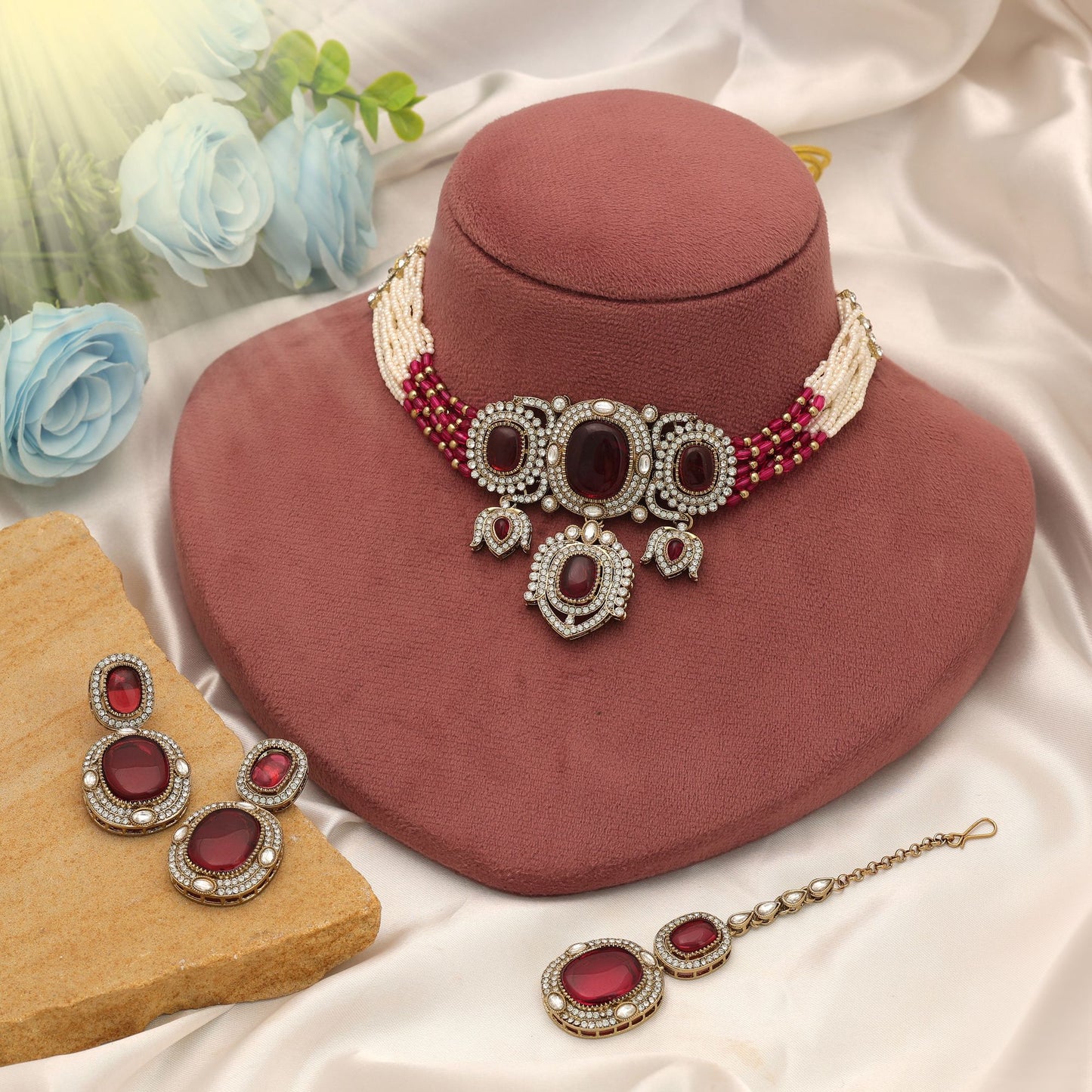 Charming Maroon Color Choker Kundan Necklace Set With Traditional Ethnic Style