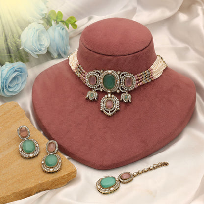 Designer Pista Green & Pink Color Choker Kundan Necklace Set Collection
