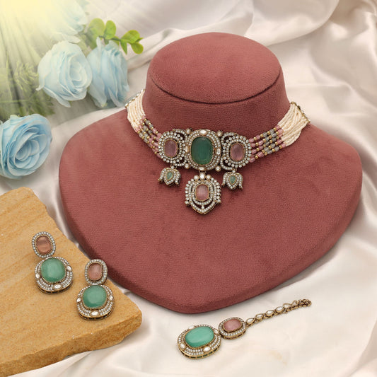 Designer Pista Green & Pink Color Choker Kundan Necklace Set Collection