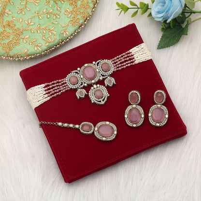 Elegant Light Pink Color Choker Kundan Necklace Set For Party Collection