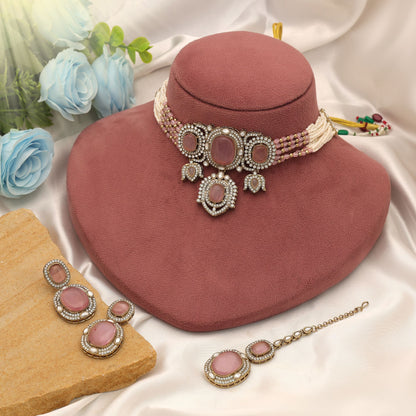 Elegant Light Pink Color Choker Kundan Necklace Set For Party Collection