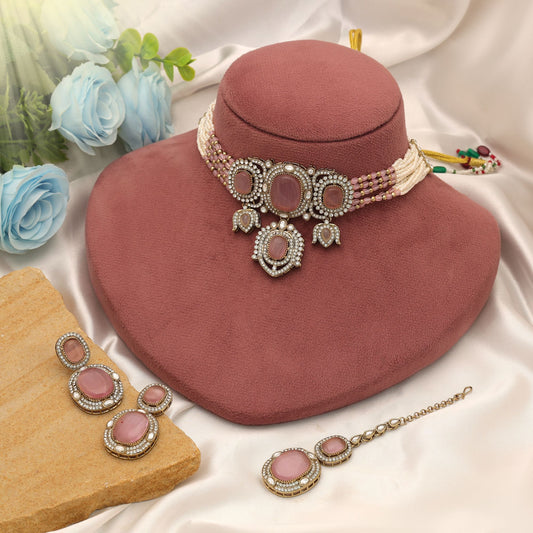 Elegant Light Pink Color Choker Kundan Necklace Set For Party Collection