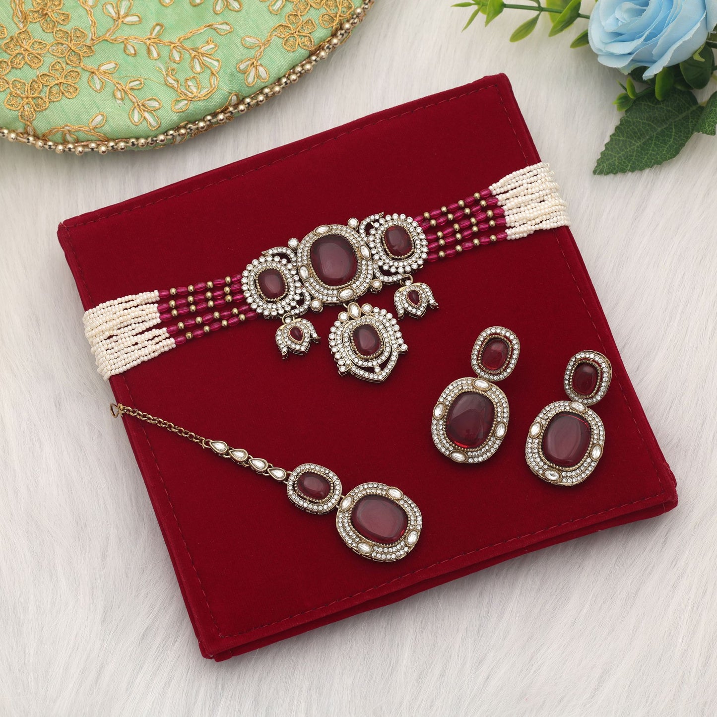 Premium Rani Color Choker Kundan Necklace Set For Festive Bridal Wear