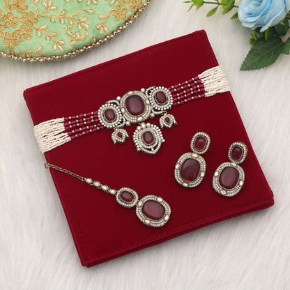 Premium Rani Color Choker Kundan Necklace Set For Festive Bridal Wear