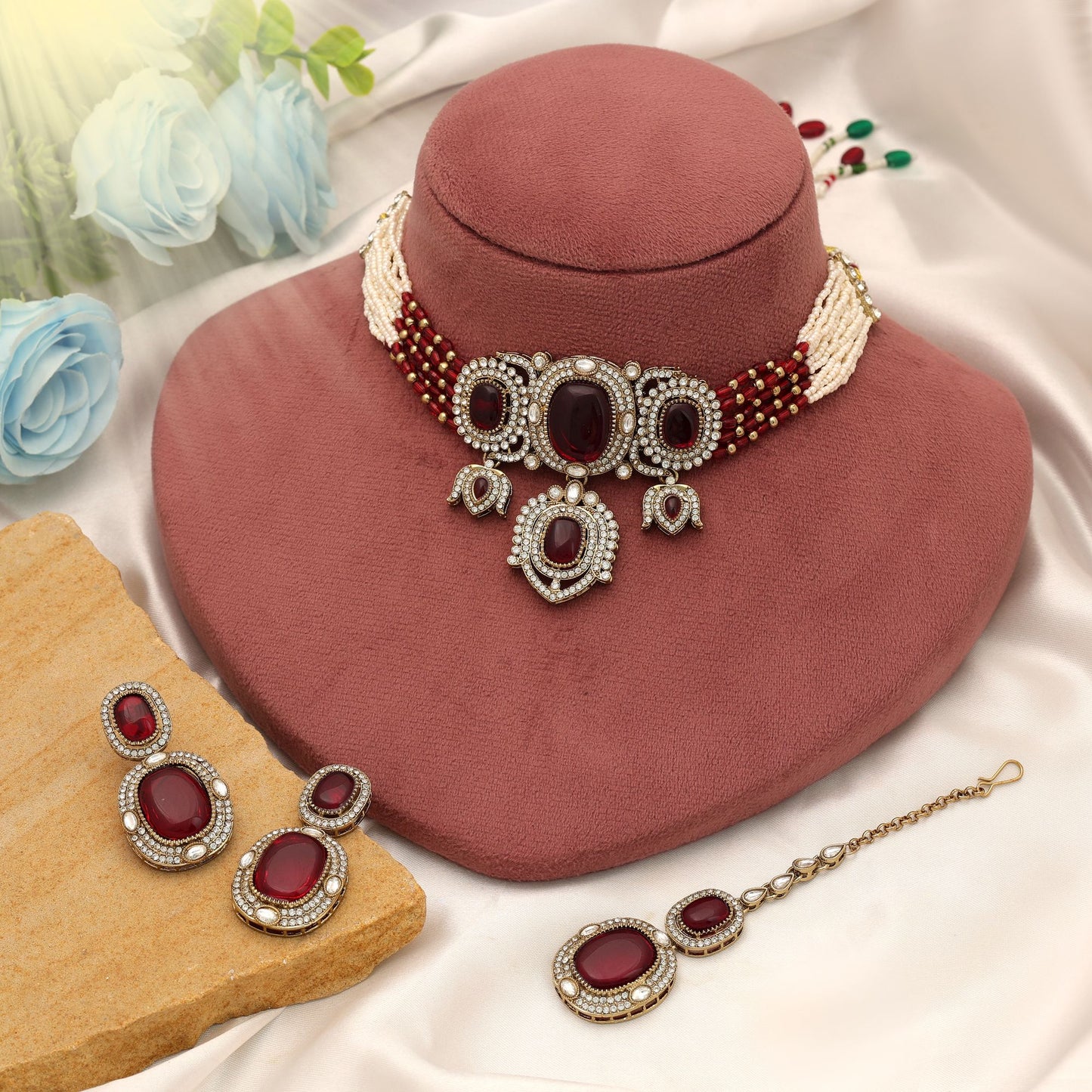Premium Rani Color Choker Kundan Necklace Set For Festive Bridal Wear