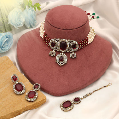 Premium Rani Color Choker Kundan Necklace Set For Festive Bridal Wear