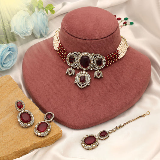 Premium Rani Color Choker Kundan Necklace Set For Festive Bridal Wear