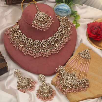 Premium Light Pink Color Kundan Necklace Set With Traditional Elegant Artwork