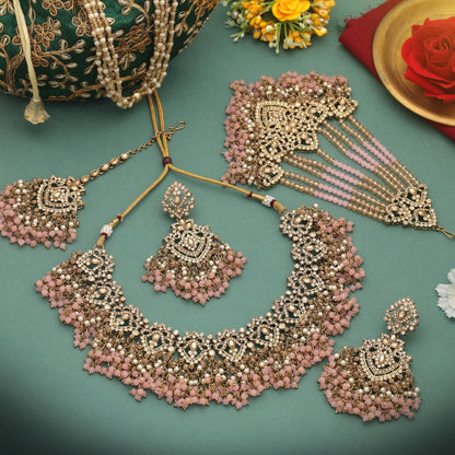 Premium Light Pink Color Kundan Necklace Set With Traditional Elegant Artwork