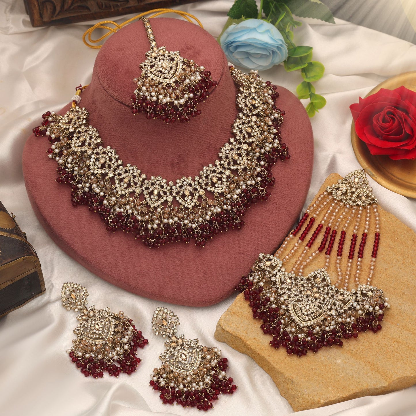 Graceful Maroon Color Kundan Necklace Set For Women Traditional Party Wear