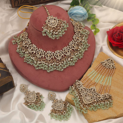 Stylish Pista Green Color Kundan Necklace Set For Festive Wedding Collection