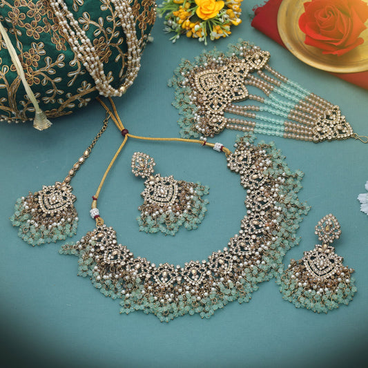 Stylish Pista Green Color Kundan Necklace Set For Festive Wedding Collection