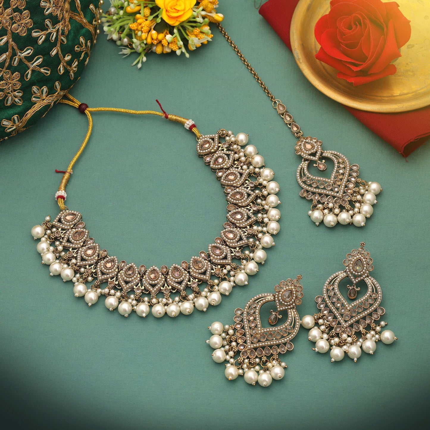 Charming Gold Color Kundan Necklace Set With Traditional Royal Ethnic Style