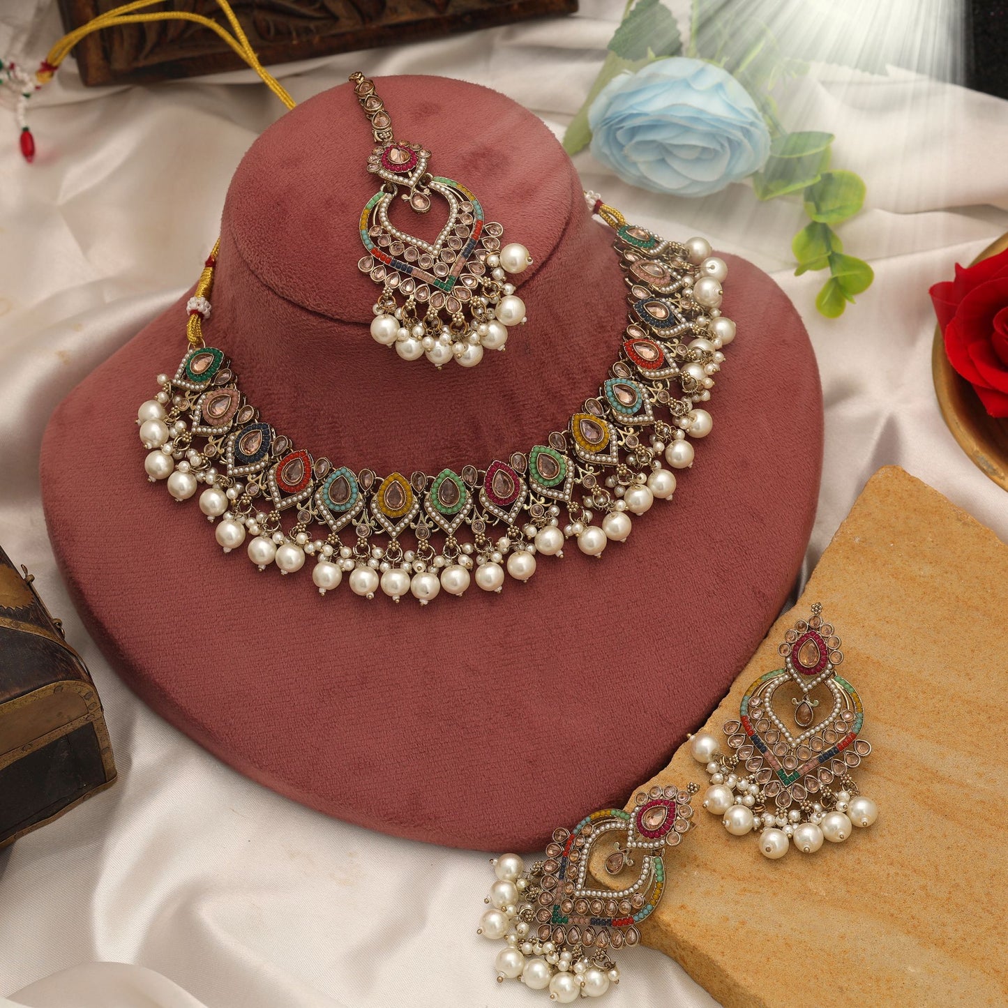 Designer Multi Color Kundan Necklace Set For Wedding Festive Party Collection