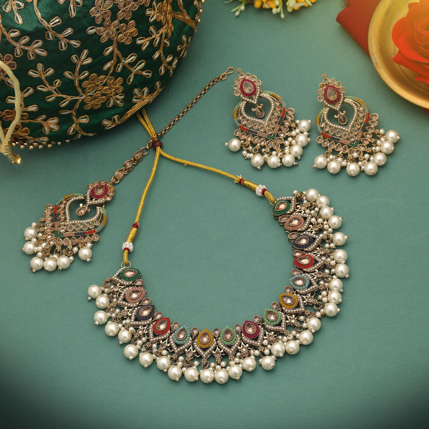 Designer Multi Color Kundan Necklace Set For Wedding Festive Party Collection