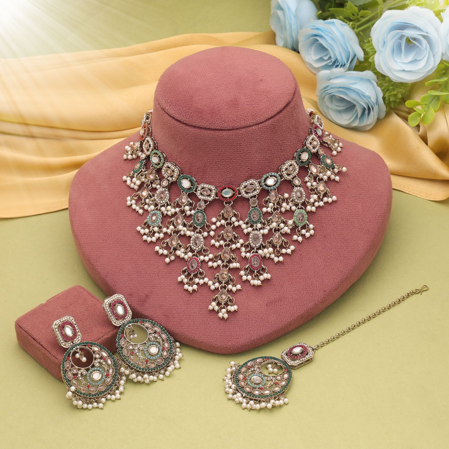 Stylish Multi Color Kundan Necklace Set For Festive Ethnic Party Wear Collection