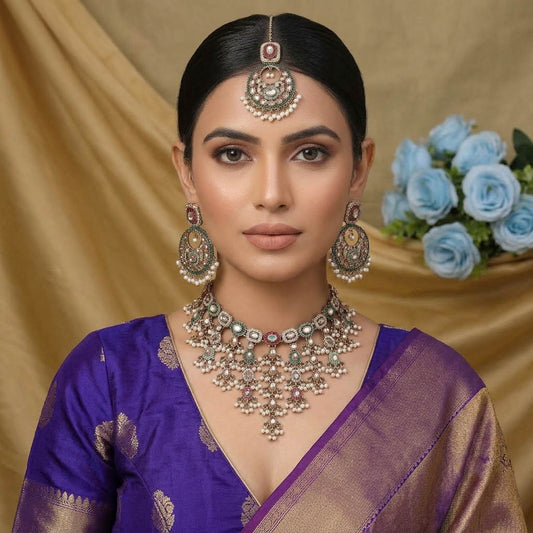 Stylish Multi Color Kundan Necklace Set For Festive Ethnic Party Wear Collection